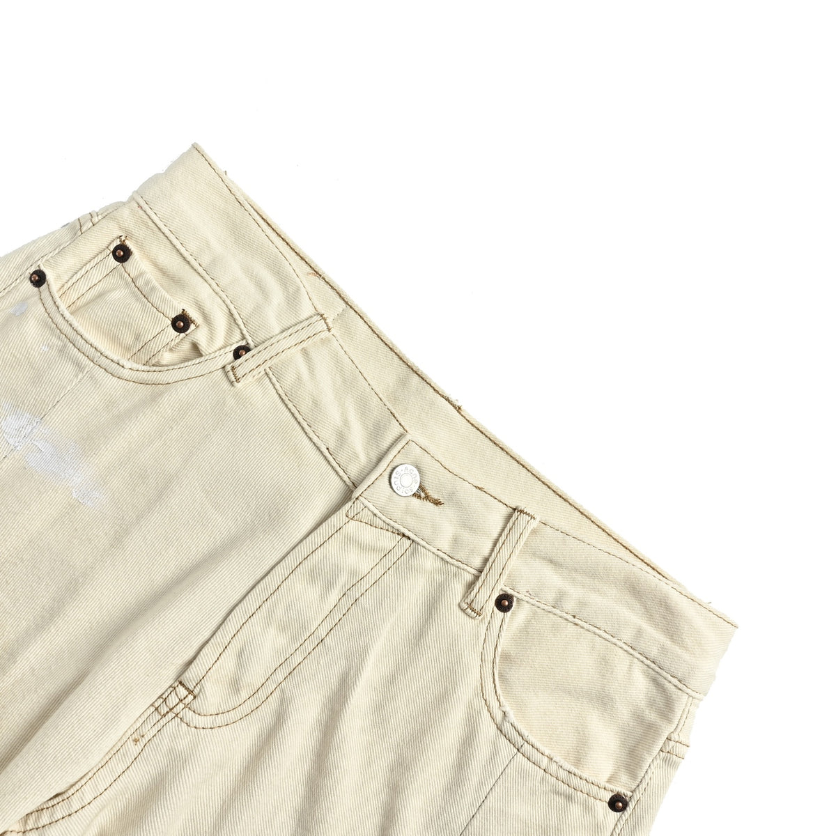 Acne Studios white mud dyed and splashed ink distressed scimitar jeans