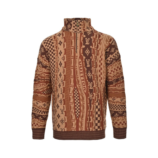 Louis Vuitton patchwork jacquard ethnic style half-zip sweater