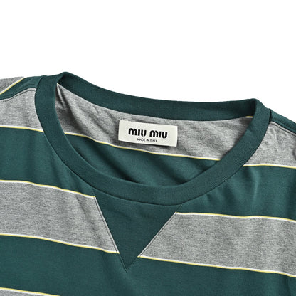 Miu Miu gray and green contrast striped crew neck sweatshirt