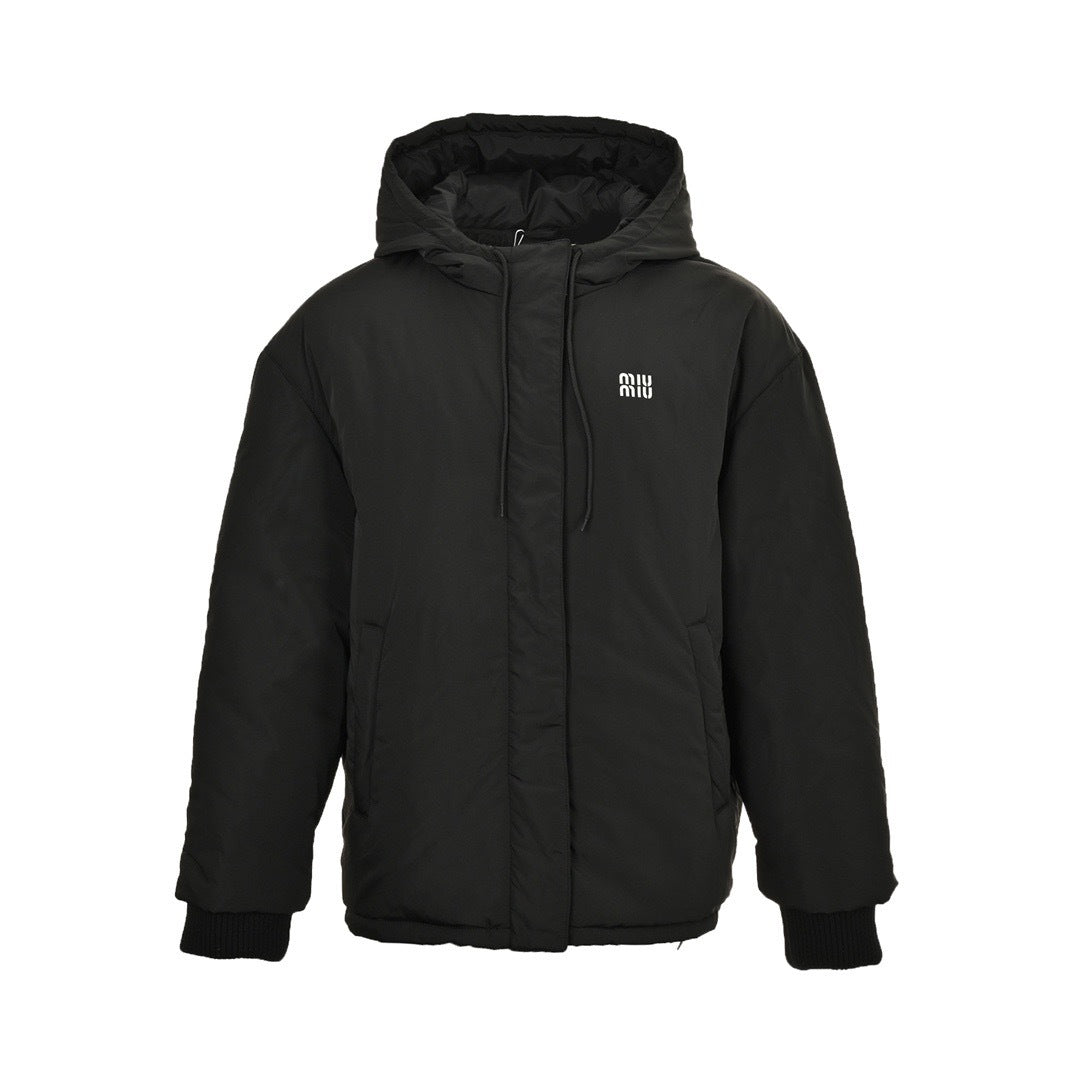 Miu Miu hooded down jacket with embroidery on the chest