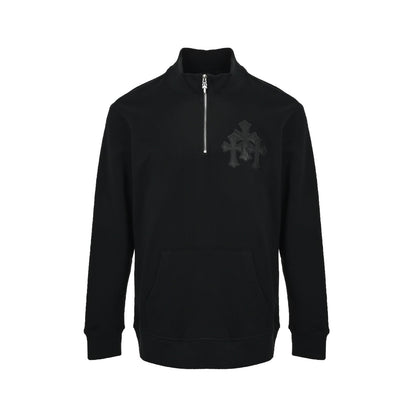 Chrome Hearts/Chrome Heart Cross Half-Zip Leather Stand Collar Sweatshirt