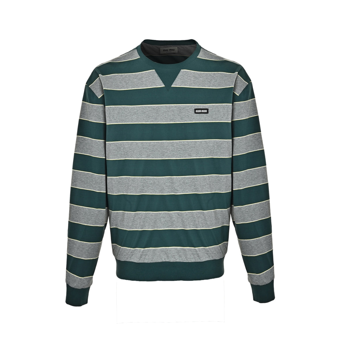Miu Miu gray and green contrast striped crew neck sweatshirt