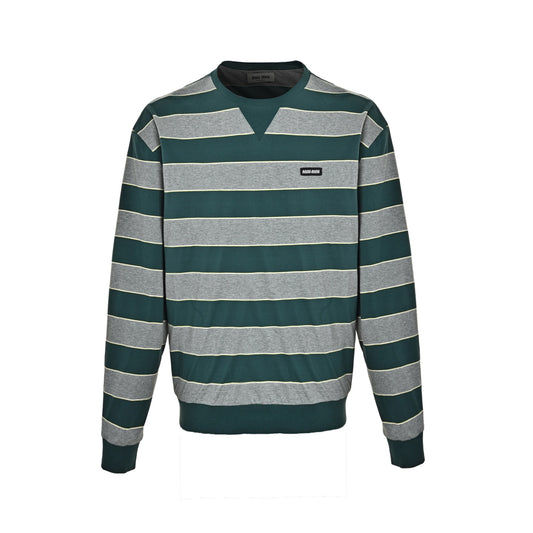 Miu Miu gray and green contrast striped crew neck sweatshirt