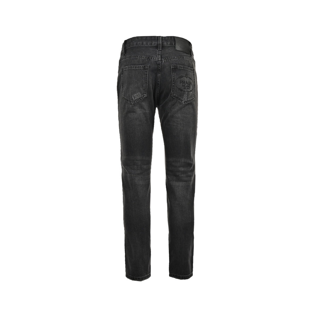 Prada 23Fw triangle logo embroidered logo washed jeans