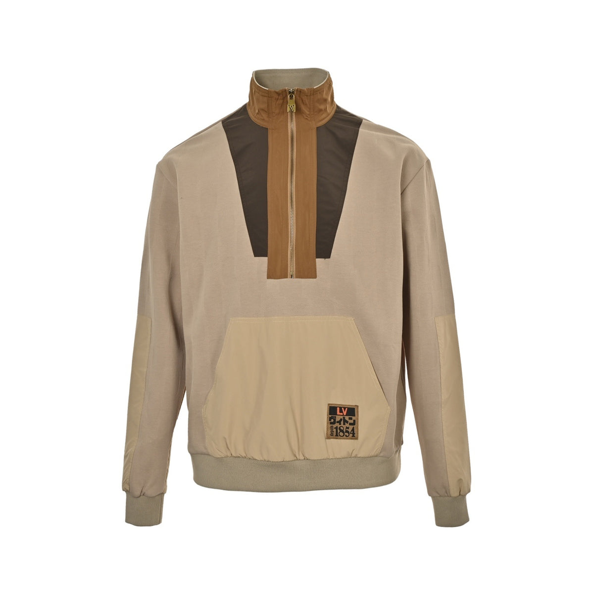 Louis Vuitton patchwork khaki half-zip stand-collar sweatshirt