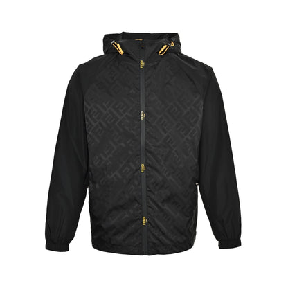 Fendi Double F all-over printed sleeves patchwork hooded thin coat