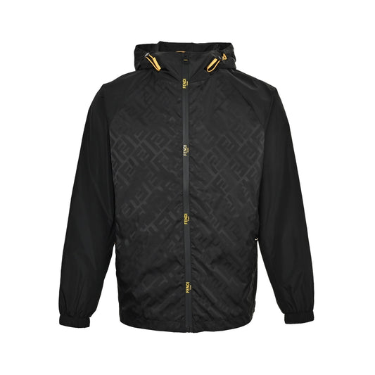 Fendi Double F all-over printed sleeves patchwork hooded thin coat