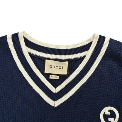Gucci 24Fw preppy double G embroidered striped V-neck knitted sweater