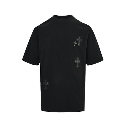 Chrome Hearts Heavy Duty Frayed Appliqué Embroidered Leather Label Hardware Short Sleeves