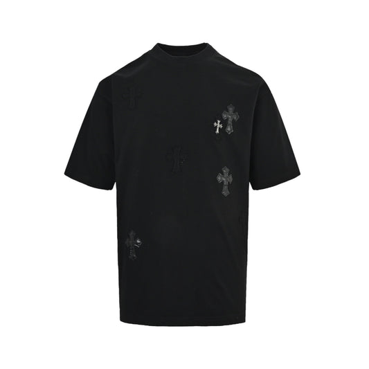 Chrome Hearts Heavy Duty Frayed Appliqué Embroidered Leather Label Hardware Short Sleeves