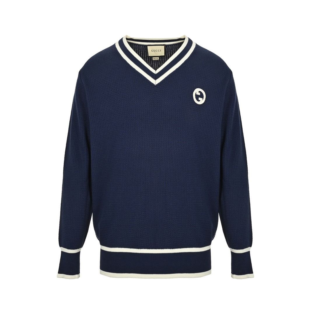 Gucci 24Fw preppy double G embroidered striped V-neck knitted sweater