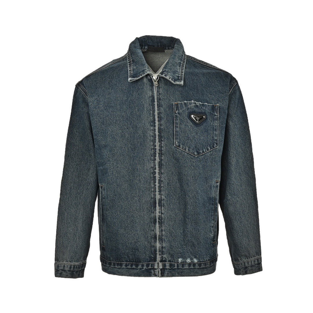 Prada triangle logo vintage washed frayed zipper denim jacket