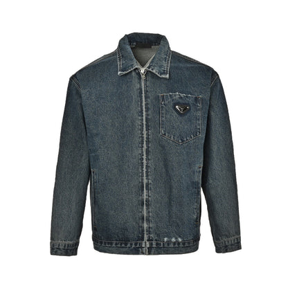Prada triangle logo vintage washed frayed zipper denim jacket