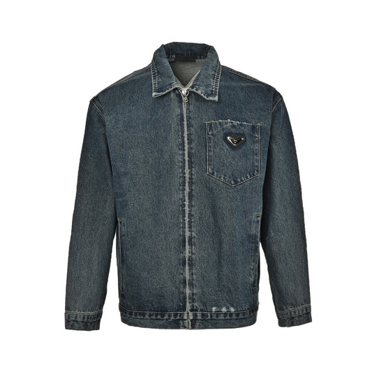 Prada triangle logo vintage washed frayed zipper denim jacket
