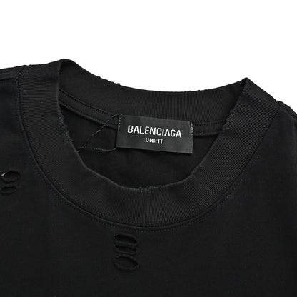 Balenciaga washed Eiffel Tower print destroyed round neck short sleeves