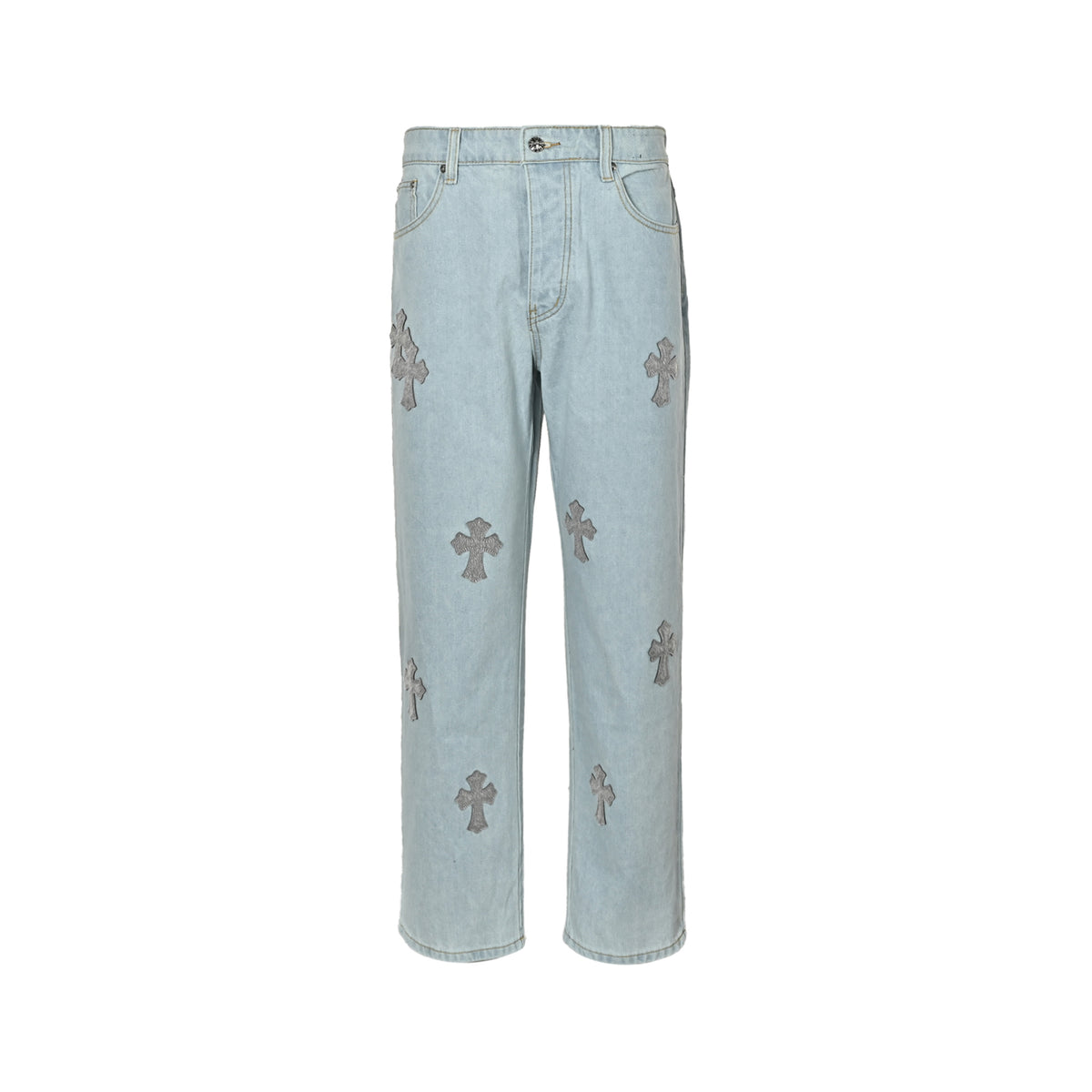 Chrome Hearts horsehair cross patchwork leather washed jeans