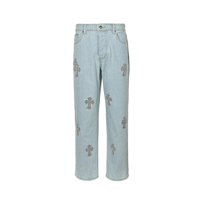 Chrome Hearts horsehair cross patchwork leather washed jeans