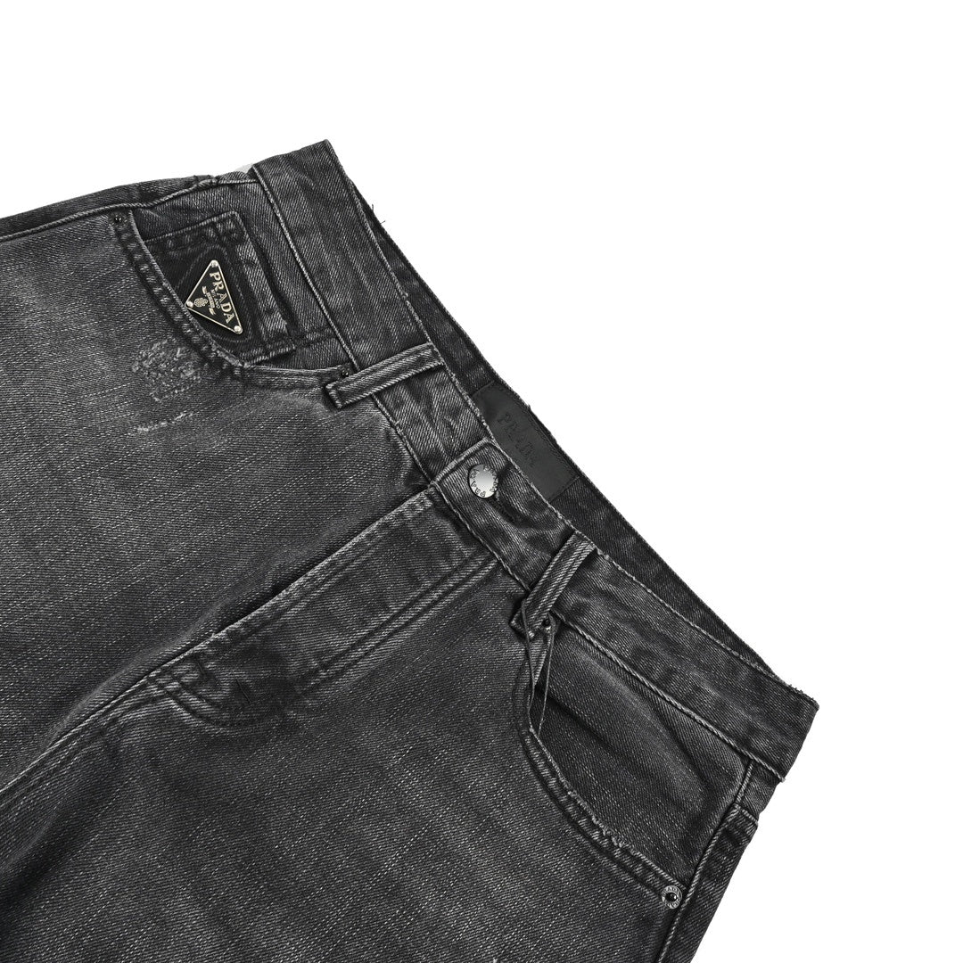Prada 23Fw triangle logo embroidered logo washed jeans