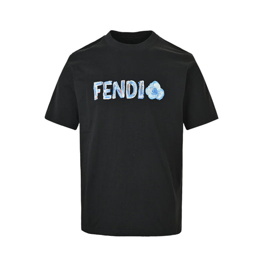 Fendi 26ss blue letter embroidered short sleeves