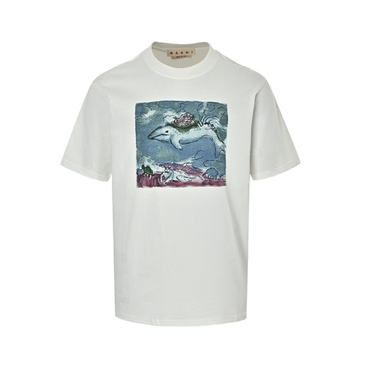 Marni humorous hand-painted graffiti ocean whale print short sleeves