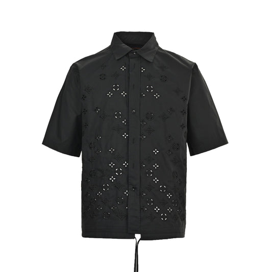 Louis Vuitton 25ss presbyopic embroidered hollow short-sleeved shirt