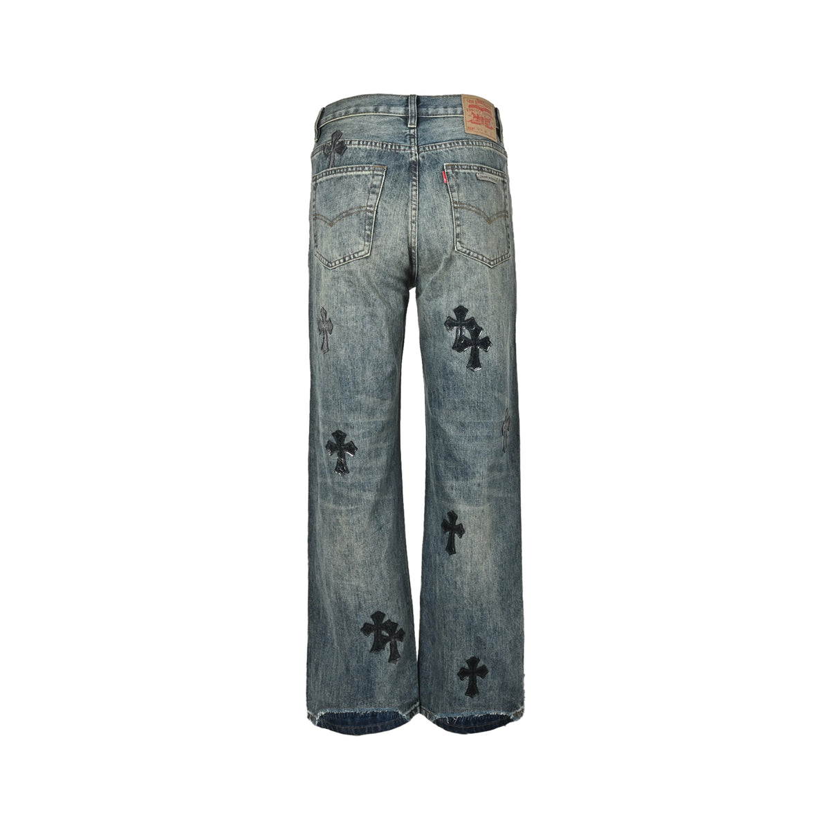 CHROME HEARTS cross leather label distressed jeans