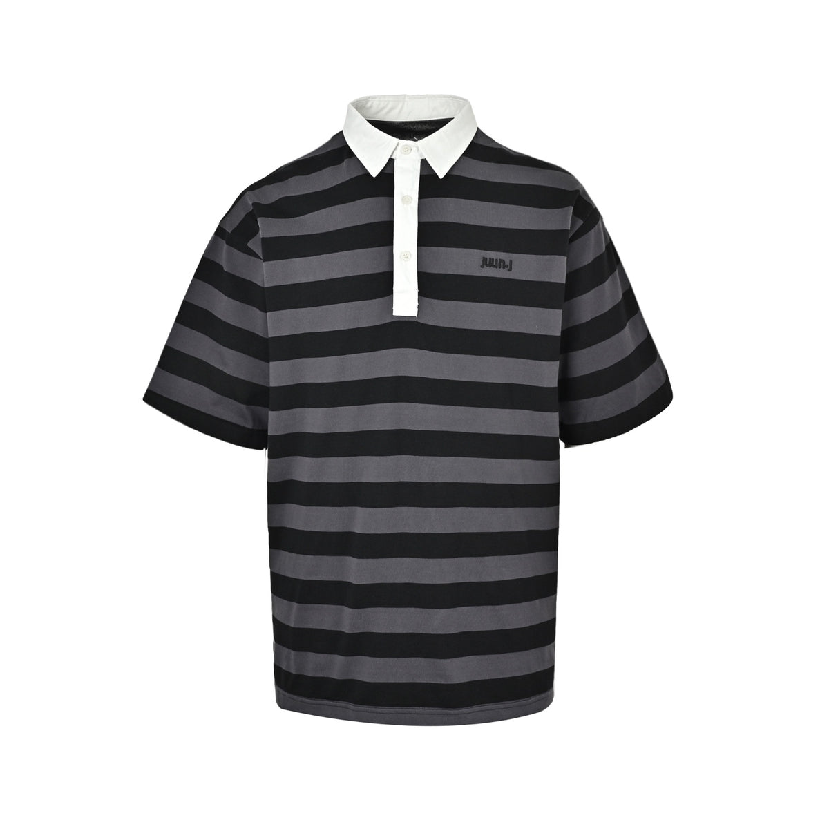 JUUNJ minimalist style striped patchwork embroidered logo lapel Polo short sleeves