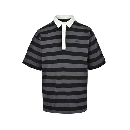 JUUNJ minimalist style striped patchwork embroidered logo lapel Polo short sleeves