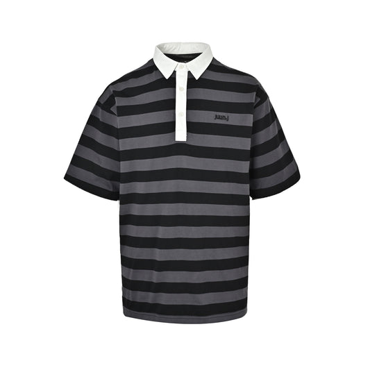 JUUNJ minimalist style striped patchwork embroidered logo lapel Polo short sleeves
