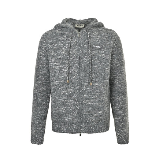 Miu Miu 25Fw patch logo embroidered zipper hooded sweater jacket