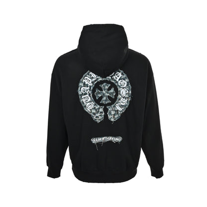 Chrome Hearts Horseshoe Logo Patch Embroidery Washed Burnt Flower Hooded Sweatshirt