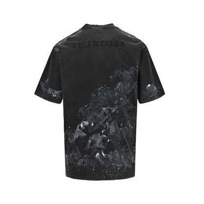 Balenciaga 25ss paint inkjet embroidered letter short sleeves