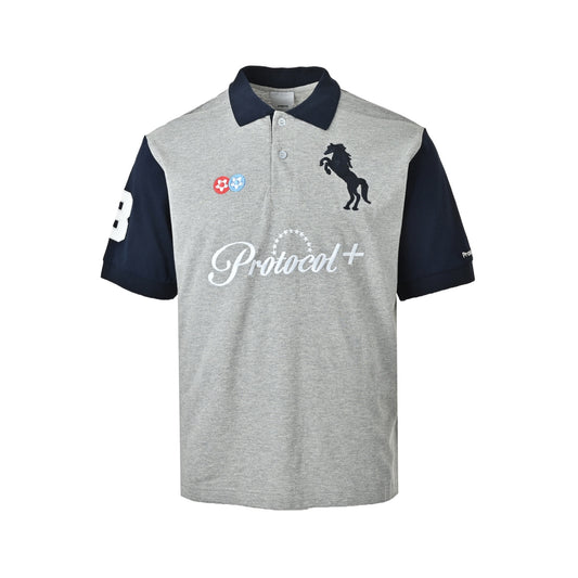 PROTOCOL color block war horse embroidered logo lapel short sleeves