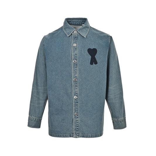 Ami Paris woven heart embroidered denim shirt