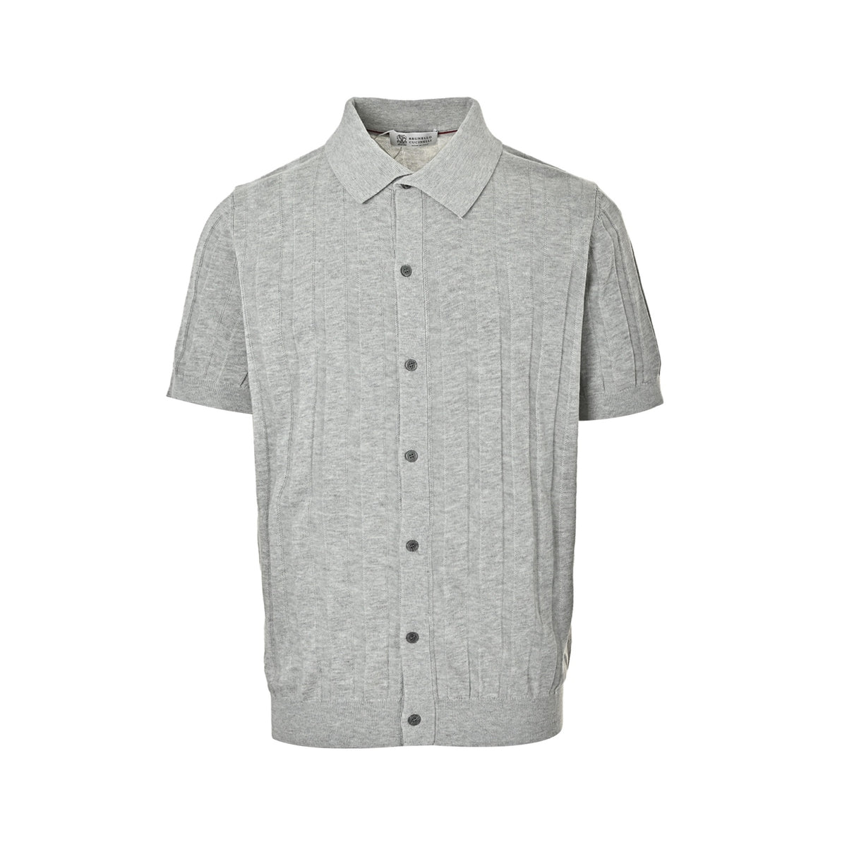 BRUNELLO CUCINELLI BC light gray vertical striped ribbed knit short-sleeved cardigan