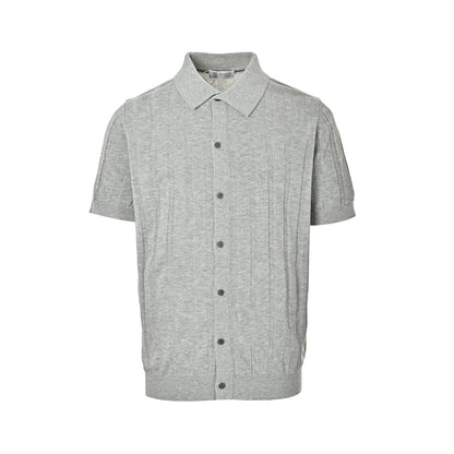BRUNELLO CUCINELLI BC light gray vertical striped ribbed knit short-sleeved cardigan