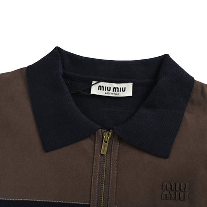 Miu Miu brown and blue leather logo zipper cardigan jacket
