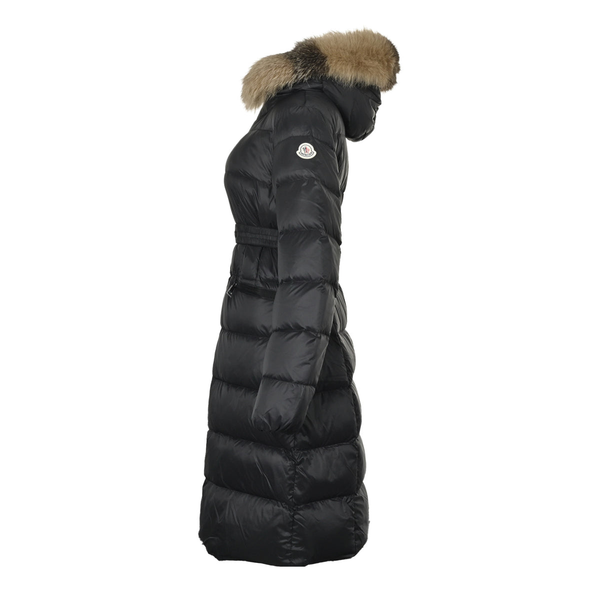 Moncler/Mongolia belted fur collar long hooded down jacket