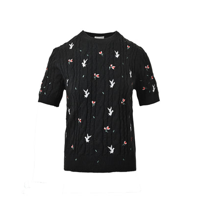 Dior floral white dove embroidery twist knit short sleeves