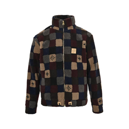 Louis Vuitton 25Fw color-blocked checkerboard sherpa jacket
