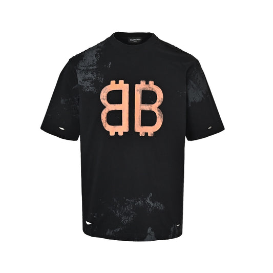 Balenciaga Double B Bitcoin hand-painted mud distressed round neck short sleeves
