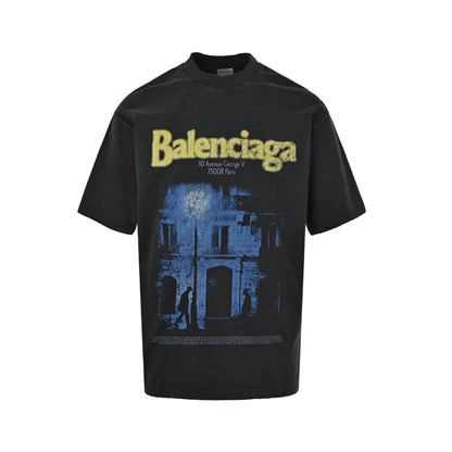 Balenciaga street night scene architectural pattern printed short sleeves