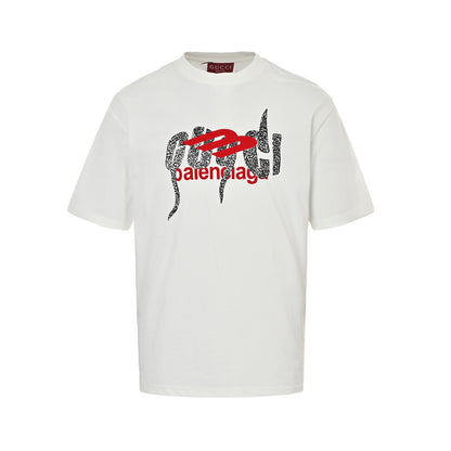 Gucci & Balenciaga letter print flocked short sleeves