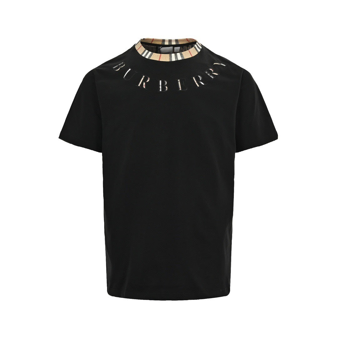 Burberry 24ss plaid collar patchwork embroidered letter short sleeves