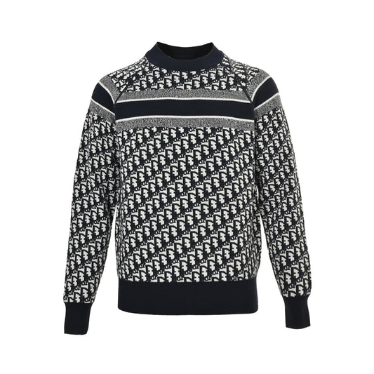 Dior 23Fw Oblique jacquard knitted cashmere double-sided crew neck sweater