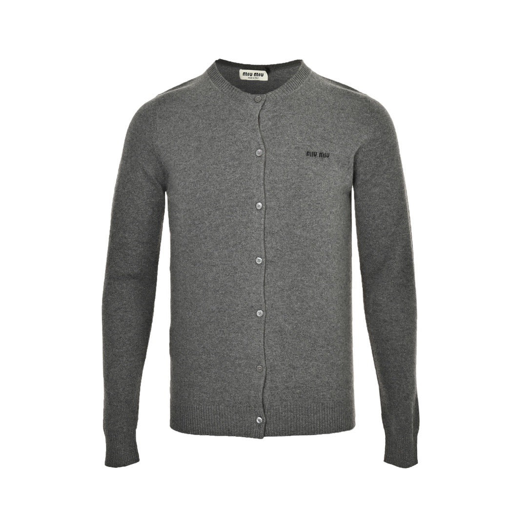 Miu Miu 24Fw jacquard logo cashmere crew neck knitted cardigan