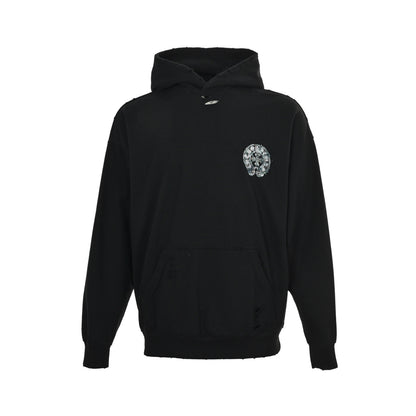 Chrome Hearts Horseshoe Logo Patch Embroidery Washed Burnt Flower Hooded Sweatshirt