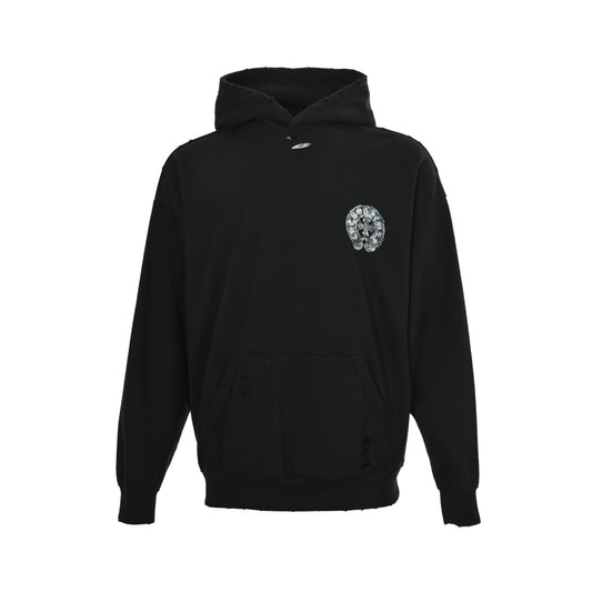 Chrome Hearts Horseshoe Logo Patch Embroidery Washed Burnt Flower Hooded Sweatshirt