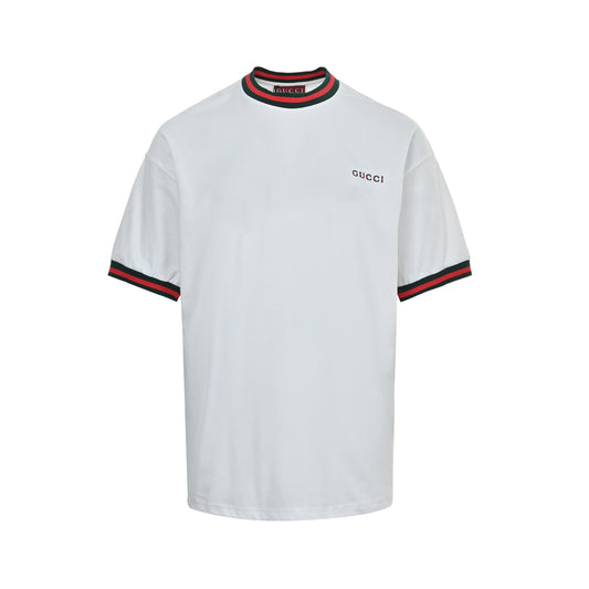Gucci red and green ribbed webbing embroidered short sleeves