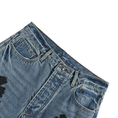 Chrome Hearts/Chrome Heart black leather cross logo jeans